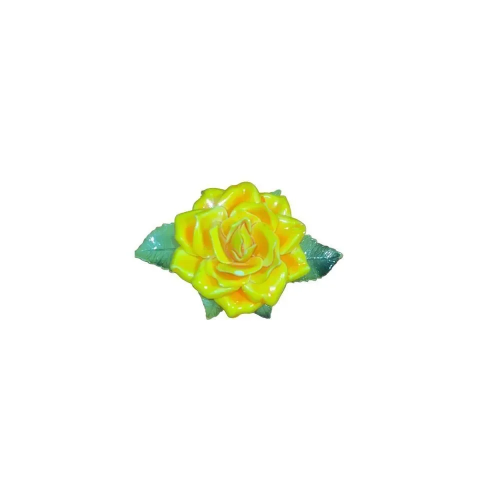 Vintage Yellow Rose Enamel Flower Brooch Green Leaves